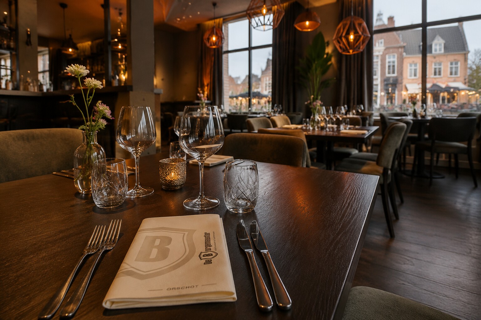 Sfeerimpressie van Restaurant & Gastrobar De Burgemeester met het bedrukte airlaid-servet op tafel