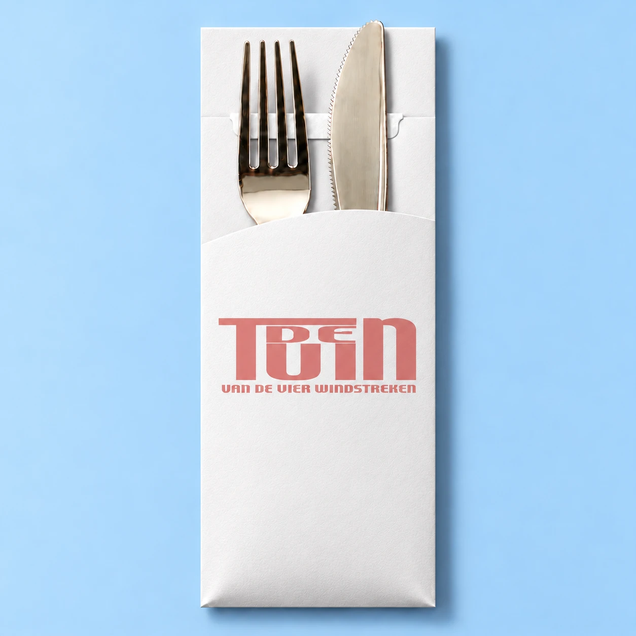 De Tuin Rotterdam · Funda para cubiertos · anverso · Blanco con logotipo De Tuin rosa salmón
